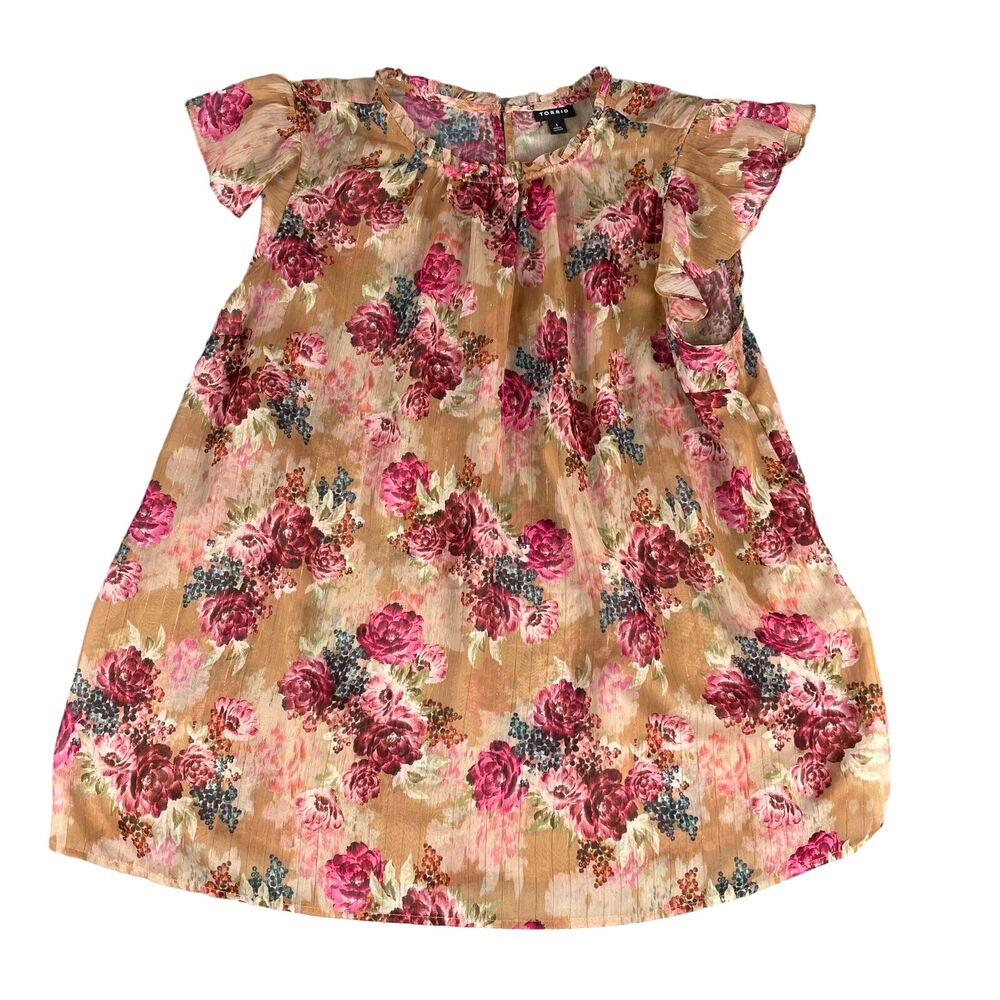 Torrid Blouse Womens 1 Brown Floral Crinkle Flutter Sleeve Cottagecore Summer
